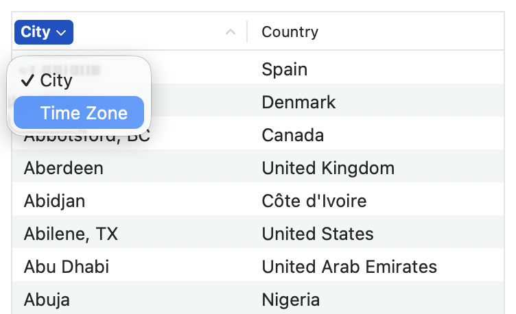 Cities and Time Zones Pop-Up Menu in Table Column Header