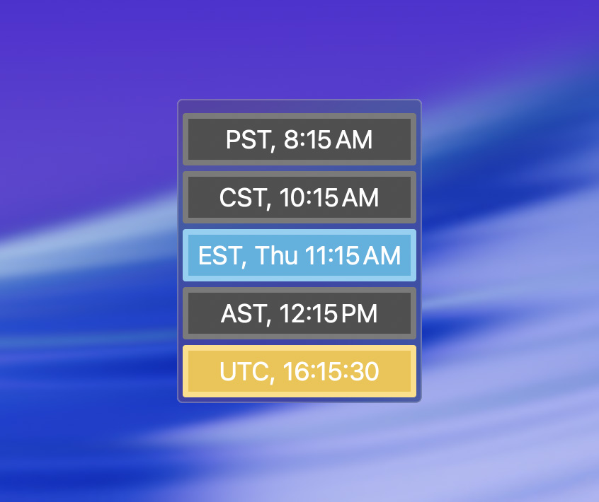 World Times and Time Zones in the Clocks Palette